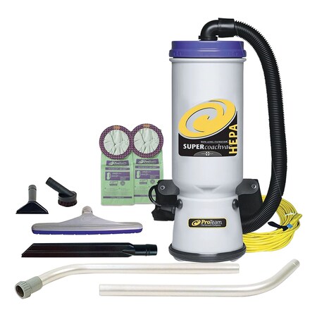 Proteam Super CoachVac Backpack Vacuum w/ Xover Fixed-Length Two-Piece Wand, 10qt Tank Capacity, Gray/Purple 107109